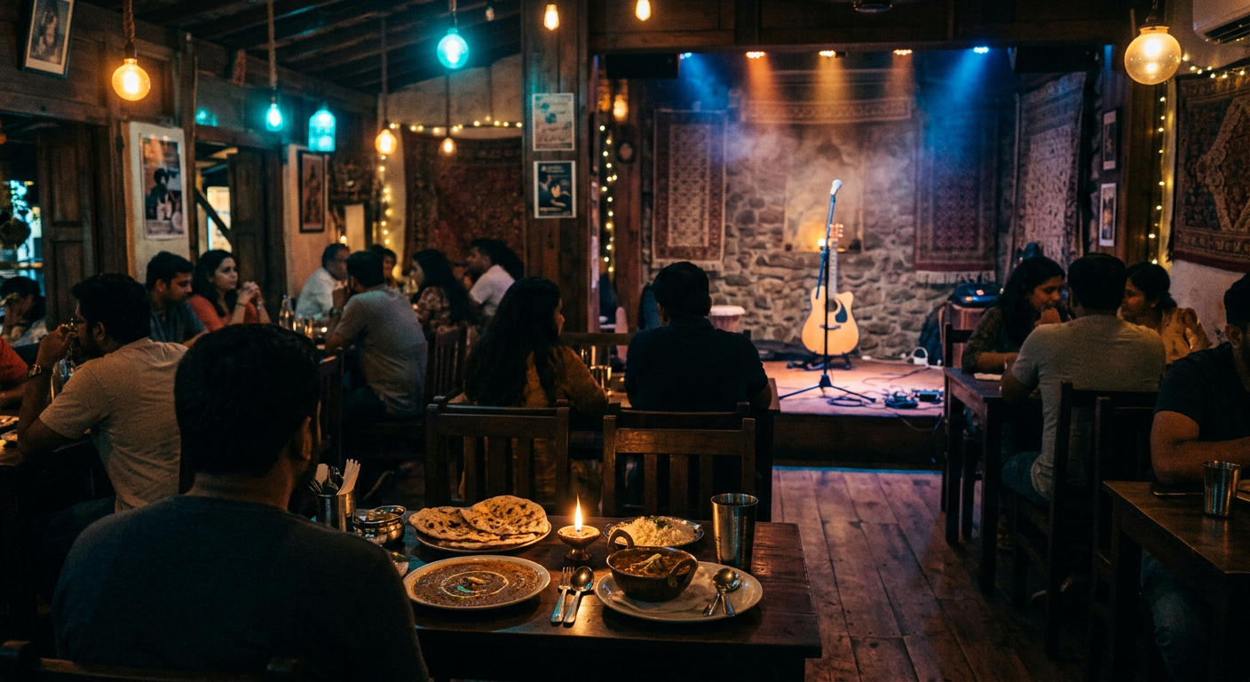 Warmly lit Tune Table venue with a small performance stage